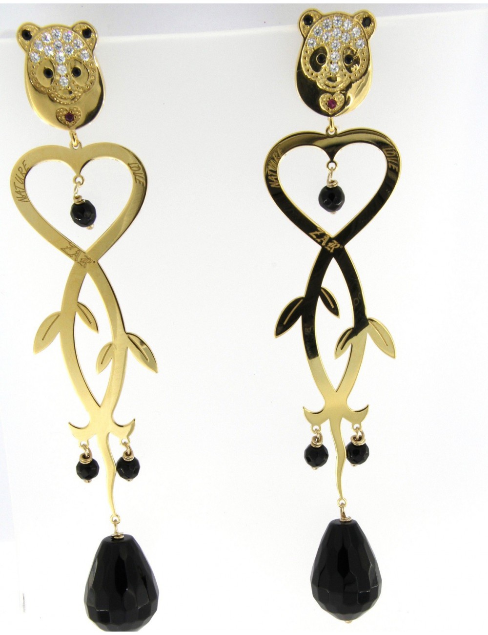 Orecchini lunghi Linea Panda in argento 925 con zirconi e onice Orecchini lunghi Linea Panda in argento 925 con zirconi e onice